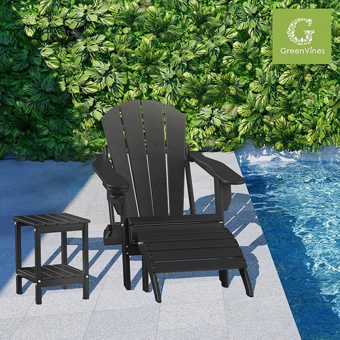 GREENVINES Adirondack-Outdoor-Side-Table | 14 x 13 Inches | HDPE Plastic | All Weather | Black | Outside End Tables | Storage Shelf | for Patio Porch Backyard Indoor