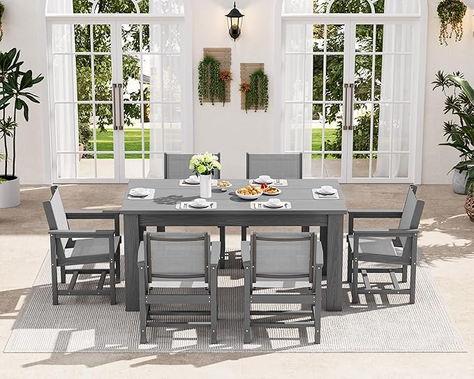 SERWALL 7 Piece Outdoor Dining Table Sets for 6 with 1 Umbrella Hole Cut-Out Rectangular Table and 6 Textilene Chairs, HDPE Dining Table Sets for Garden, Backyard, Poolside, Gray