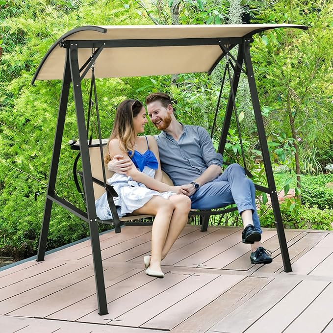 Tangkula 2-Person Patio Swing, Weather Resistant Porch Swing with Adjustable Canopy, Steel Frame, Outdoor Modern Canopy Swing with Handrails, Suitable for Porch Garden Poolside (Coffee)