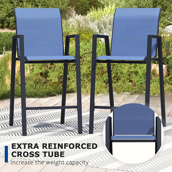 Outdoor Bar Stools Set of 4, 44'' Patio Bar Chairs with Textile High Back, Bar Height Chairs with Straight Armrest and Footrest, Blue