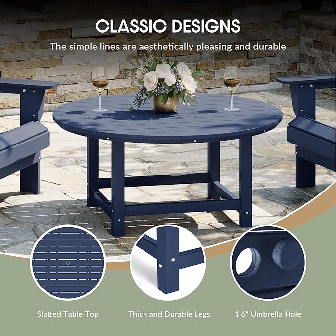 WestinTrends Malibu Low Outdoor HDPE Round Patio Coffee Table, Navy Blue