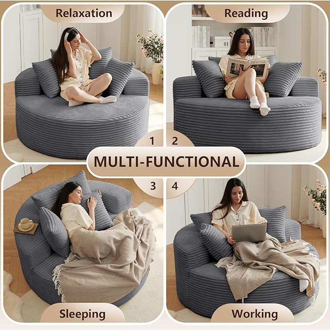 Oversized Round Chair Lounge Chaise Indoor, Upholstered Corduroy Deep Seat Cloud Large Circle Sofa Chair, No Assembly Required, Fluffy Modern Sleeper Sofa Bed for Reading, Living Room, Dark Gray