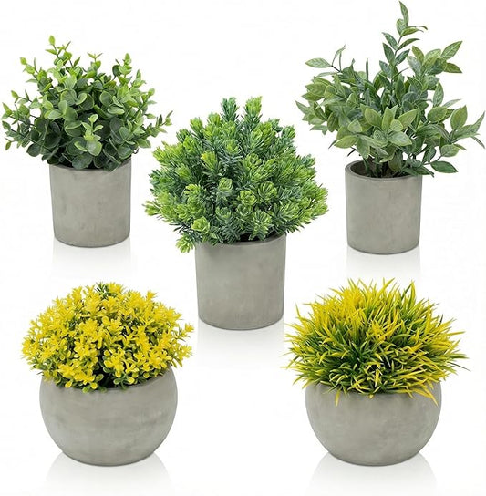 Fake Plants, 5 Pack Artificial Eucalyptus & Greenery in Cement Pots - Small Potted Faux Plants for Indoor Outdoor Shelves, Desk, Table, Farmhouse Bathroom, Office & Modern Home Decor