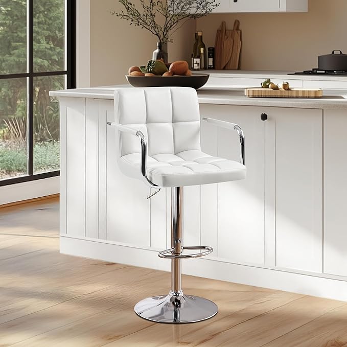 Yaheetech Bar Stools Set of 3, PU Leather Adjustable Barstools with Armrest, Counter Height Stool Chairs with Thickened Seat Cushion for Kitchen Island, White