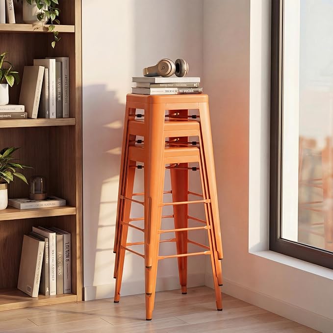 Shahoo 30 Inches Metal Bar Stools Counter Height Stackable Backless Stools, Industrial Patio Stools Indoor Outdoor Metal Kitchen Stools Set of 4 (Orange, 30'')