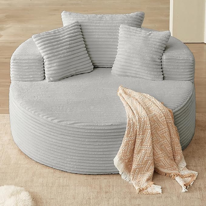 Oversized Round Chair Lounge Chaise Indoor, Upholstered Corduroy Deep Seat Cloud Large Circle Sofa Chair, No Assembly Required, Fluffy Modern Sleeper Sofa Bed for Reading, Living Room, White Gray