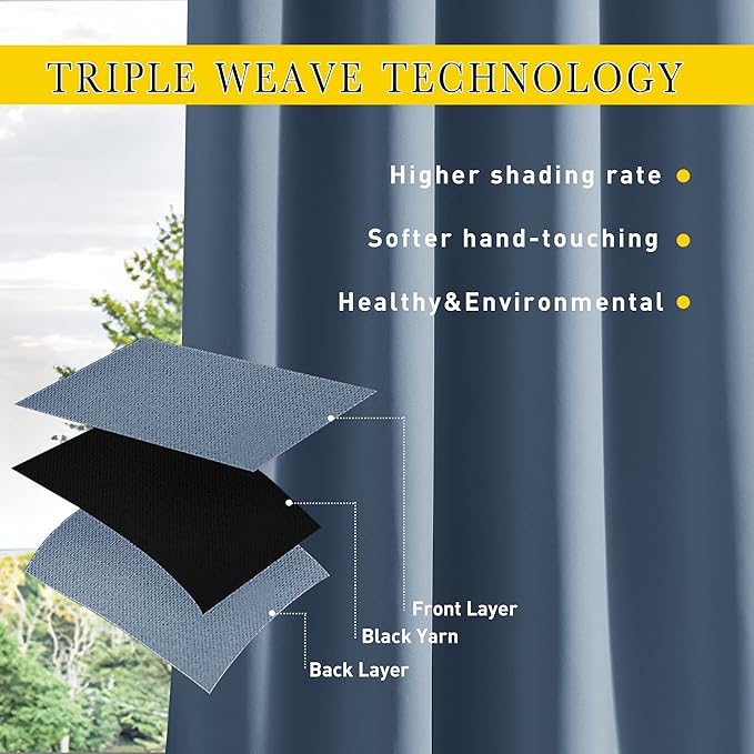 NICETOWN 2 Panels Outdoor Curtains for Patio Waterproof & Windproof, Extra Wide Grommet & Back Tab on Top & Bottom Thermal Insulated Sun Blocking Drapes with Rope for Deck, Stone Blue, W100 x L84