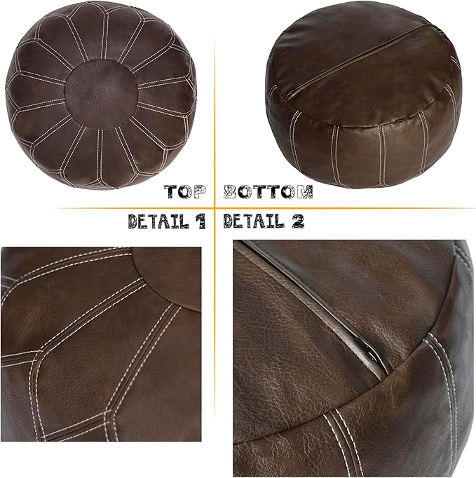 Thgonwid Unstuffed Moroccan Faux Leather Pouf Ottoman with Storage - Handmade Boho Chic Multi-Use Footrest for Living Room, Bedroom, Patio - Round Ethnic Floor Cushion & Decorative Accent, Deep Coffee