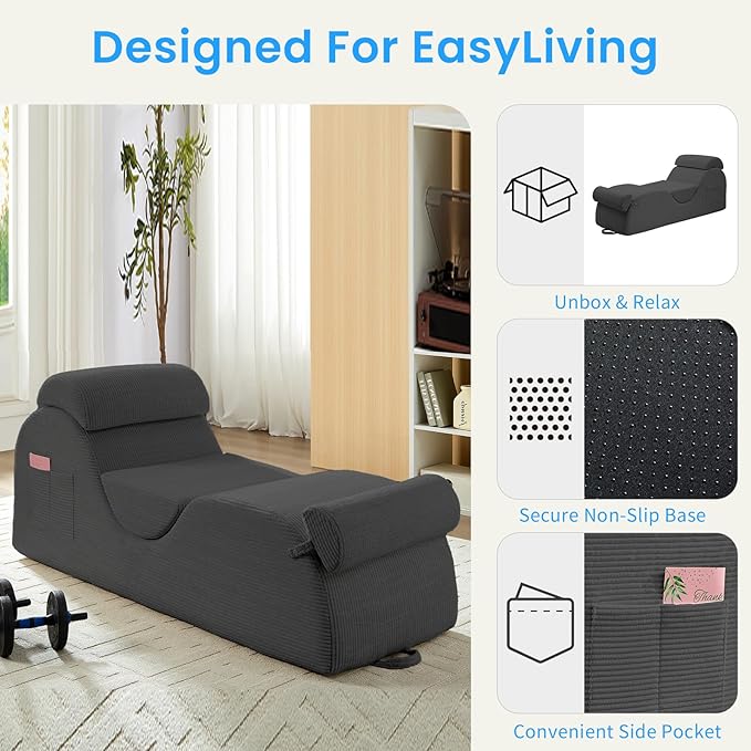 ijuicy 25" Wide Corduroy Yoga Chair, Yoga Lounge Chair for Adults, Chaise Lounge Chair Indoor/Yoga Lounger with Headrest, Waist Cushion, Movable Footrest, Side Pockets,High Density Sponge-Light Grey