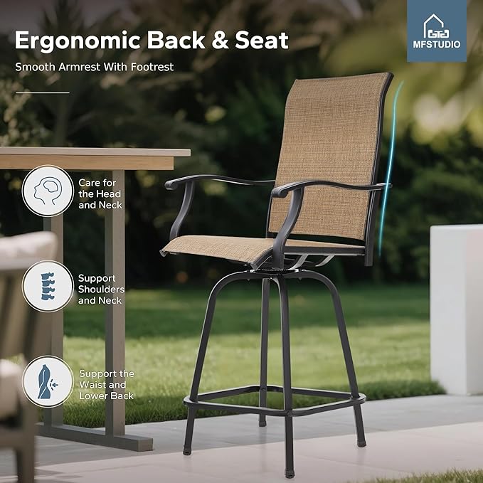 MFSTUDIO Outdoor Bar Stools Set of 6, Swivel Bar Height Patio Chairs Outdoor Barstools High Top Patio Swivel Bar Chairs, Breathable Textilene
