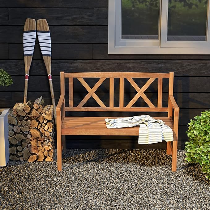 COSTWAY Outdoor Wooden Bench, Outdoor Acacia Wood Loveseat with Curved Armrest & Backrest, Sturdy Wood Bench for Garden, Park & Porch, 47.5"x 22" x 34”