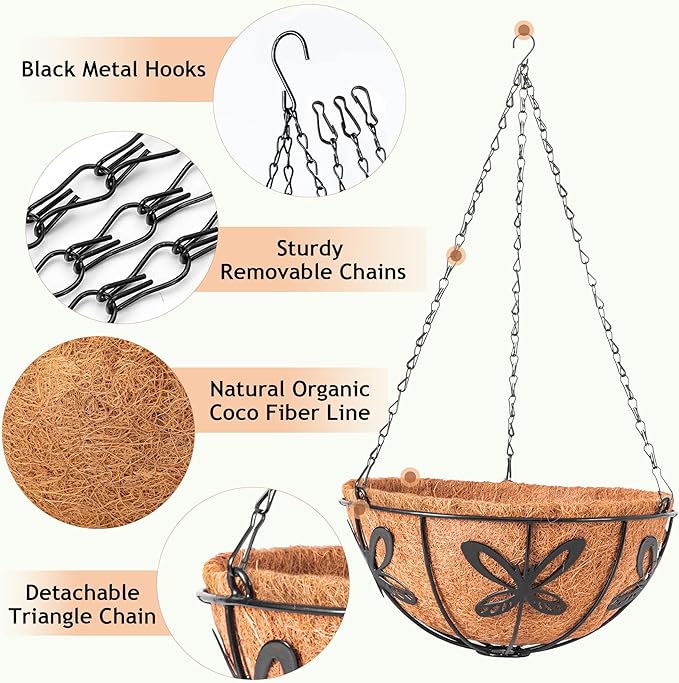 Hanging Baskets Planter for Plants, 2 Pack 10 Inch Round Metal Wire Hanging Flower Pots with Coco Coir Liner Chain, Plant Holder for Home Garden Balcony Decor