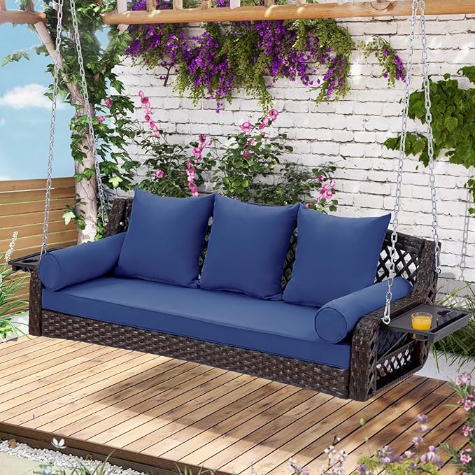 3 Seat Porch Swing, Wicker Patio Swing with Cup Holders & 3 Back Cushions, Yard Swing with Chains for Deck Garden Backyard,Brown Seagrass Rattan, Blue Cushion, 56-inch