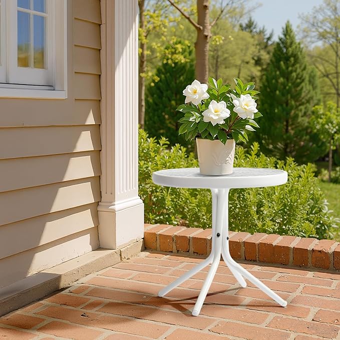 VINGLI Outdoor Side Table, 18" Patio Table Steel Frame Tempered Glass Top, Weatherproof Small Tables for Balcony Garden Poolside (White, Round)