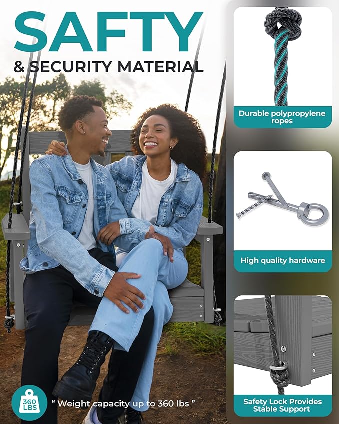 SERWALL HDPE Single Porch Swing, Heavy Duty Single Person Swing Chair with 2 Polypropylene Hanging Ropes, Adirondack Hanging Chair for Outdoor Front Porch Patio Garden Yard, Gray