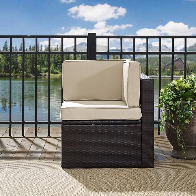 Crosley Furniture Palm Harbor Corner Outdoor Sectional Chair, Wicker Patio Chairs for Porch, Deck, Backyard, Brown with Sand Cushions