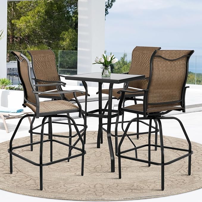 LEVELEVE Patio Bar Set 5pcs Swivel Bar Stools Outdoor Bistro Textilene Furniture Stability All-Weather Set with Height Table (5, Dark Brown Fabric)