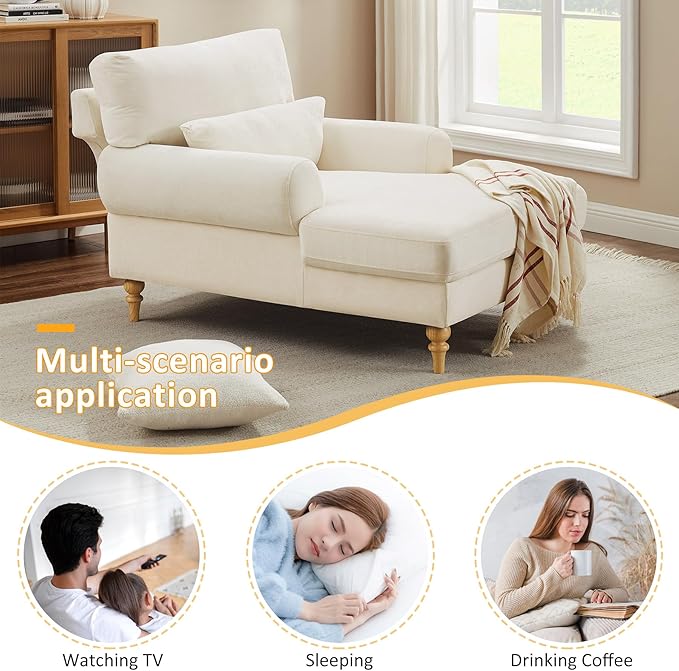 Modern Chaise Lounge Chair with Adjustable Backrest, Upholstered Indoor Leisure Sofa Recliner, Oversized Accent Chair Deep Seat Reading Armchair for Living Room, Bedroom, Office, Beige White