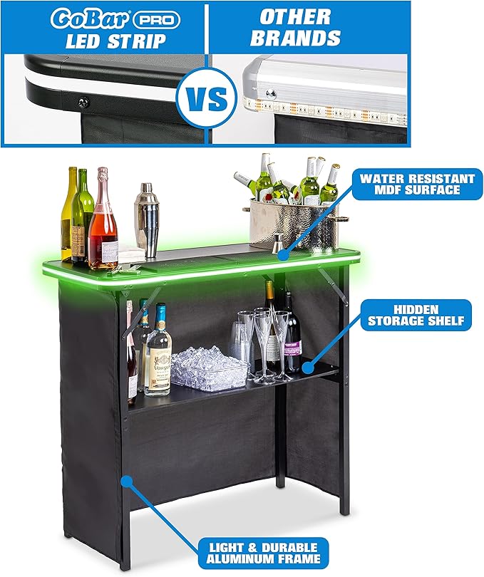 GoBar Portable Bar Table for Events - Black, 3 Skirts, or LED - Pop Up Mobile Bartending Station with Travel Carrying Case