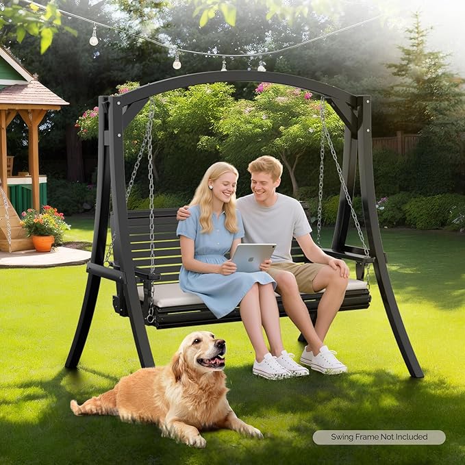VINGLI Wooden Porch Swing, Heavy Duty 880 LBS Hanging Patio Bench with Extra Cushion for Lawn| Garden| Courtyard (Black, 5 feet)