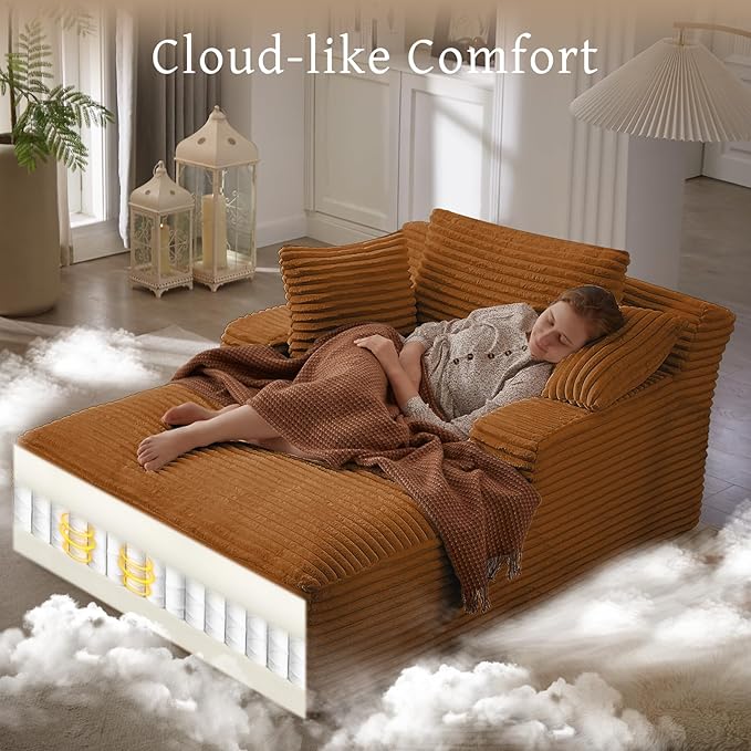 66" Chaise Lounge Chair Indoor, Oversized Boneless Couch Comfy Upholstered Sleeper Sofa Bed with 3 Pillows, Corduroy Cloud Reading Chairs for Living Room No Assembly Required, Orange