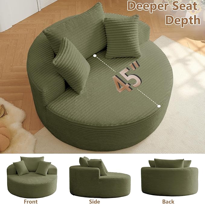 Oversized Round Chair Lounge Chaise Indoor, Upholstered Corduroy Deep Seat Cloud Large Circle Sofa Chair, No Assembly Required, Fluffy Modern Sleeper Sofa Bed for Reading, Living Room, Light Green