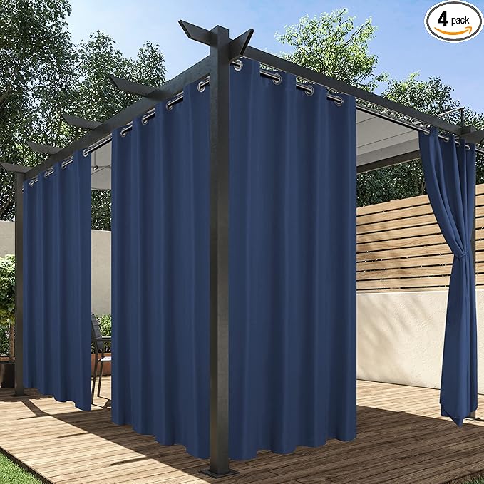 HolidayIdeas Outdoor Curtains for Patio Waterproof, 4 Panels - 54 x 108 Inch - Privacy Protection & Light Filtering Curtains Navy Grommet Outside Curtains for Porch, Gazebo, Pergola, Backyard