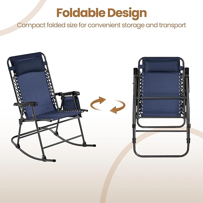 Yaheetech 26in Rocking Chair Outdoor Zero Gravity Folding Chairs Rocking Chairs Foldable Outdoor Lounge Chair for Outside Lawn with Cupholder/Pillow Ergonomic Design for Rest, Navy Blue, Set of 2
