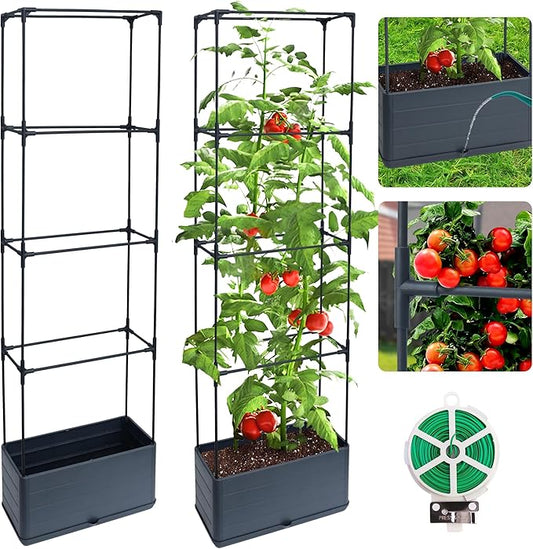 2 Packs Raised Garden Bed Tomato Planter Box with Trellis, 55.2" Self-Watering Tomato Cage with Rectangular Trellis for Climbing Plants Flowers Vegetables Vine in Patio Garden Indoor Outdoor
