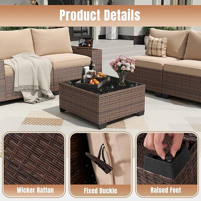 Aoxun 6 Pieces Patio Furniture Set Wicker Rattan Outdoor Sectional Conversation Set with Coffee Table and 4” Thickened Cushions, Beige (Waterproof Cover Included)