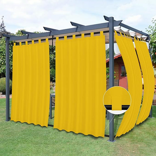 Easy-Going Outdoor Patio Curtains Detachable Tab Top Windproof Weatherproof Curtain for Cabana, Porch, Pergola and Gazebo, Tab Bottom Drape, 2 Panels, 54W x 96L inch, Yellow