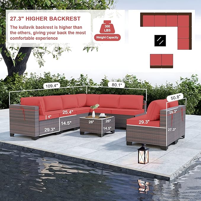 Kullavik 9 Pieces Outdoor Patio Furniture Set,Outdoor Sectional Rattan Sofa Set Brown PE Rattan Wicker Patio Conversation Set with Tempered Glass Coffee Table and Washable Cushions Covers,Red