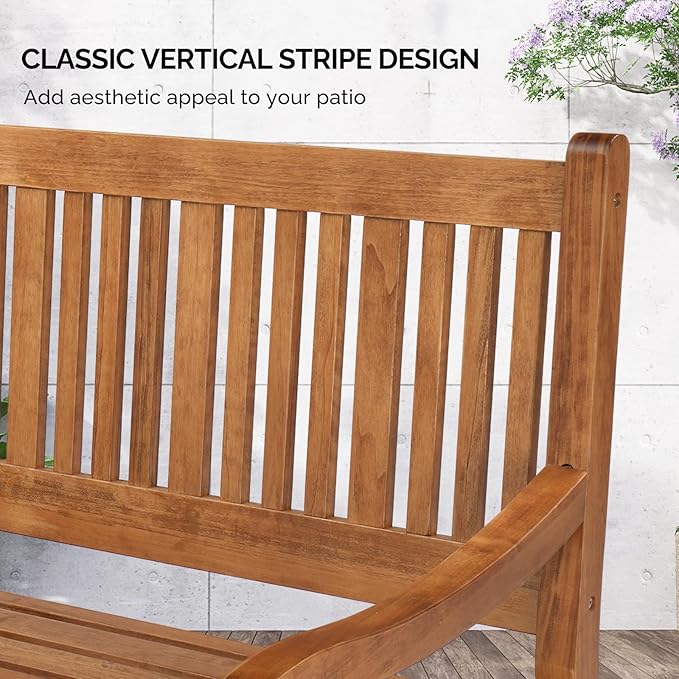 VINGLI 50" Outdoor Wood Bench, Weatehr Resistant Wooden Garden Patio Bench with Comfortable Backrest & Curved Armrest, 800lb Capacity Loveseat for Front Porch Park Yard Deck (Natural, Dense Slatted)