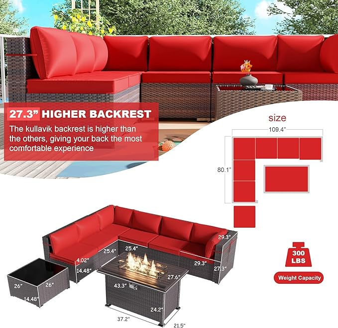 Kullavik 8 Pieces Outdoor Patio Furniture Set,Sectional Sofa Set with 43" 55000 BTU Gas Propane Fire Pit Table,Brown PE Rattan Wicker Patio Conversation Set,Red