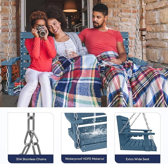 KINGYES Outdoor Hanging Patio Swing Set of 2, 2 Seat Swing Chair with Cup Holders, Waterproof Bench for Courtyard & Garden, 660LBS Weight Capacity, Blue