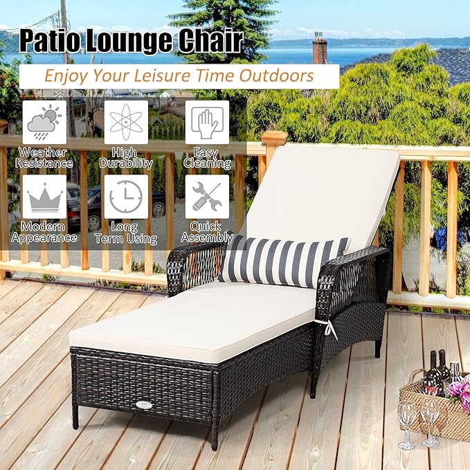 COSTWAY PE Rattan Chaise Lounge Chair, 6 Gear Adjustable Recliner with Armrest & Pillow, Wicker Outdoor Furniture for Deck, Patio (1, Brown)