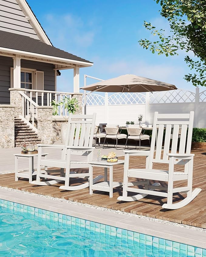 HDPE Rocking Chair Outdoor Set of 6 - Poly High Back Porch Rocker Chairs for Adults - All Weather Resistant Furniture for Patio Front Porch - White