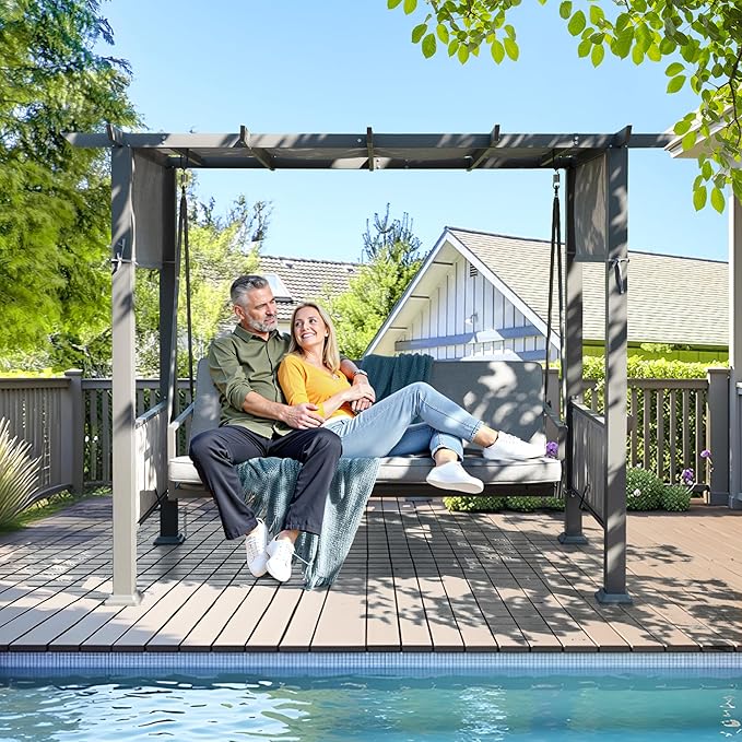 Pamapic 3-Seat Porch Swing Bed with Adjustable Canopy, Outdoor Hanging Swing Chair with Stand, Wicker Armrests, Patio Hammock Swinging for Porch, Backyard, or Garden, Comfortable Cushion, Gray