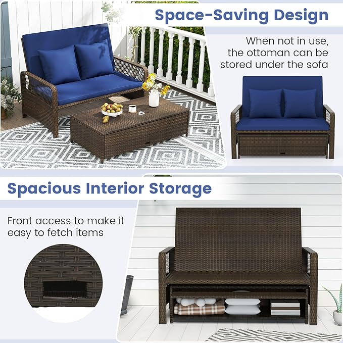 Moccha Outdoor Daybed, Rattan Loveseat Sofa with 4-Level Adjustable Back, Cushions, Storage Ottoman, Pillows, Wicker Sunbed, 2-Person Bed Lounger for Backyard Porch Pool Patio Furniture Set (Navy)