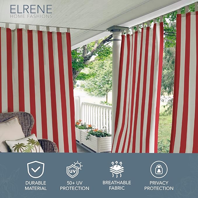 Elrene Home Fashions Highland Stripe Indoor/Outdoor Curtain Panel, 50 inches X 95 inches, Red