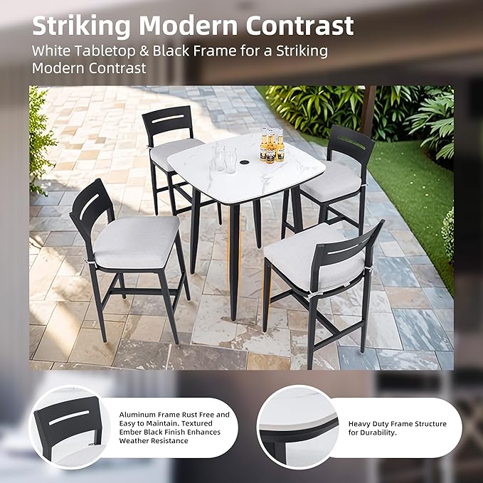 Modern 5PCS Outdoor Patio Bar Set, Rounded Square 35.4'' Sintered Stone Table & 4 Aluminum Bar Stools, Ember Black, Greek White Marble-Inspired Top, Tapered Legs, Weather-Resistant