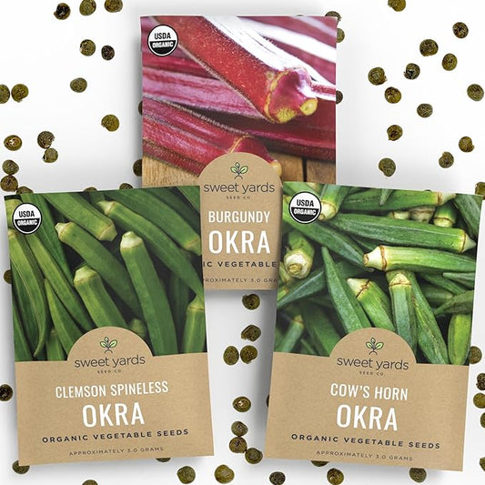 Organic Okra Lovers Seeds Variety Pack - 3 Individual Packs - 2026 Season - Cowhorn, Burgundy and Clemson Spineless! for Indoor & Outdoor Planting (Non-GMO, Certified Organic)
