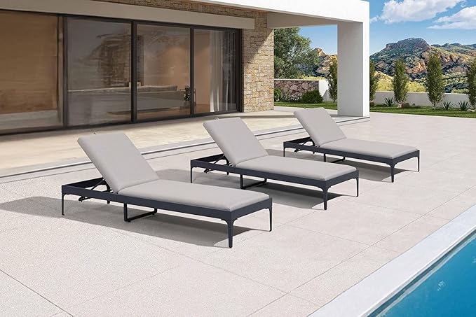 PURPLE LEAF Outdoor Chaise Lounge Set of 3 Aluminum Adjustable Patio Lounger Chairs with Cushions Reclining Beach Daybed for Poolside Balcony Deck Backyard, Dark Grey