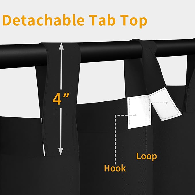 Easy-Going Outdoor Patio Curtains Detachable Tab Top Windproof Weatherproof Curtain for Cabana, Porch, Pergola and Gazebo, Tab Bottom Drape, 2 Panels, 110W x 84L inch, Black