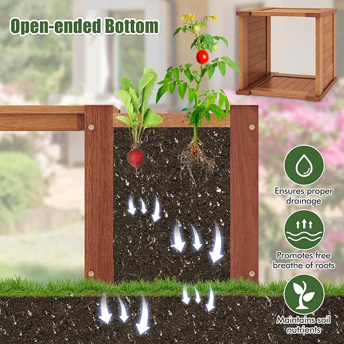 Giantex Set of 2 Outdoor Bench with Raised Garden Beds, 4-in-1 Wood Seat with Teak Oil Finish, Planter Boxes with Open-Ended Base, Garden Bench Seat for Porch Balcony Lawn Yard, DIY Assembly