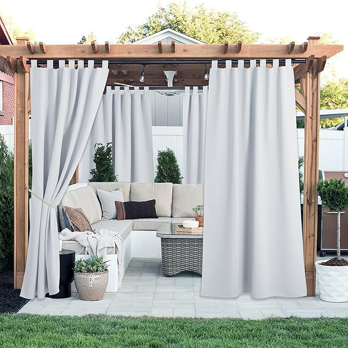NICETOWN 2 Panels Patio Curtainss Outdoor Waterproof with Self-Adhesive Tab Top, Thermal Insulated Light Block Curtainss for Easy Hanging & Sliding Outdoor Living Dividers, W52 x L84, Greyish White