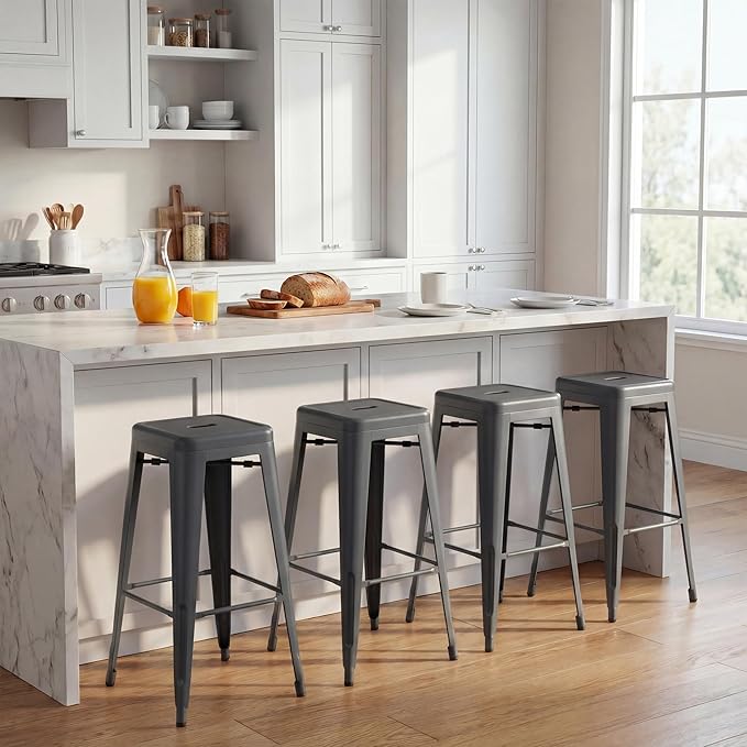 Shahoo 30 Inches Metal Bar Stools Counter Height Stackable Backless Stools, Industrial Patio Stools Indoor Outdoor Metal Kitchen Stools Set of 4 (Grey, 30'')