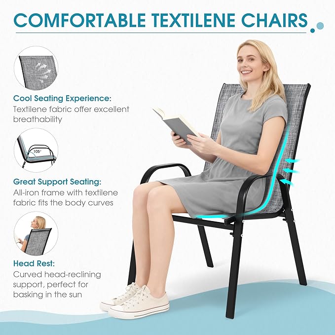 Outdoor Stackable Chairs Set of 6, Stacking Patio Chairs with Textilene Fabric, Outside Furniture for Garden Backyard Balconie Poolside Deck, Grey