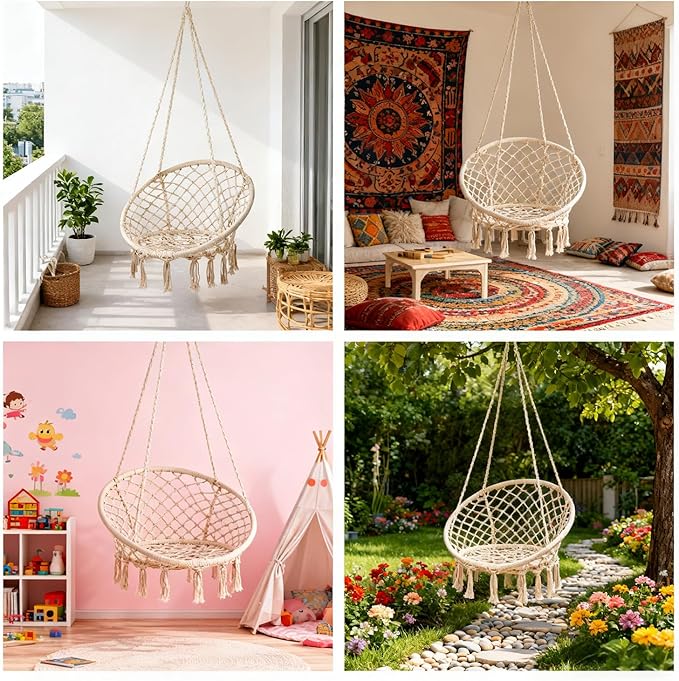 Goutime Hammock Chair, Macrame Hanging Swing Chairs with Cushion and Hardware Kit,Adult Boho Swings for Outside,Patio,Balcony,Bedroom Beige (Pillows are not Included)
