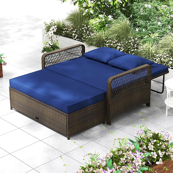 Moccha Outdoor Daybed, Rattan Loveseat Sofa with 4-Level Adjustable Back, Cushions, Storage Ottoman, Pillows, Wicker Sunbed, 2-Person Bed Lounger for Backyard Porch Pool Patio Furniture Set (Navy)